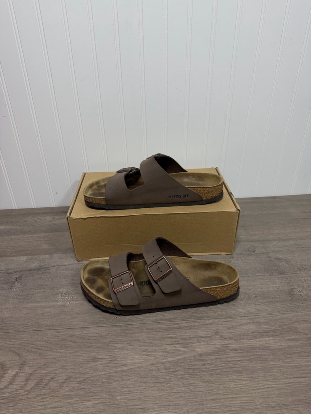 Used Birkenstock Arizona sandals in the Mocha Birkibuc size 9